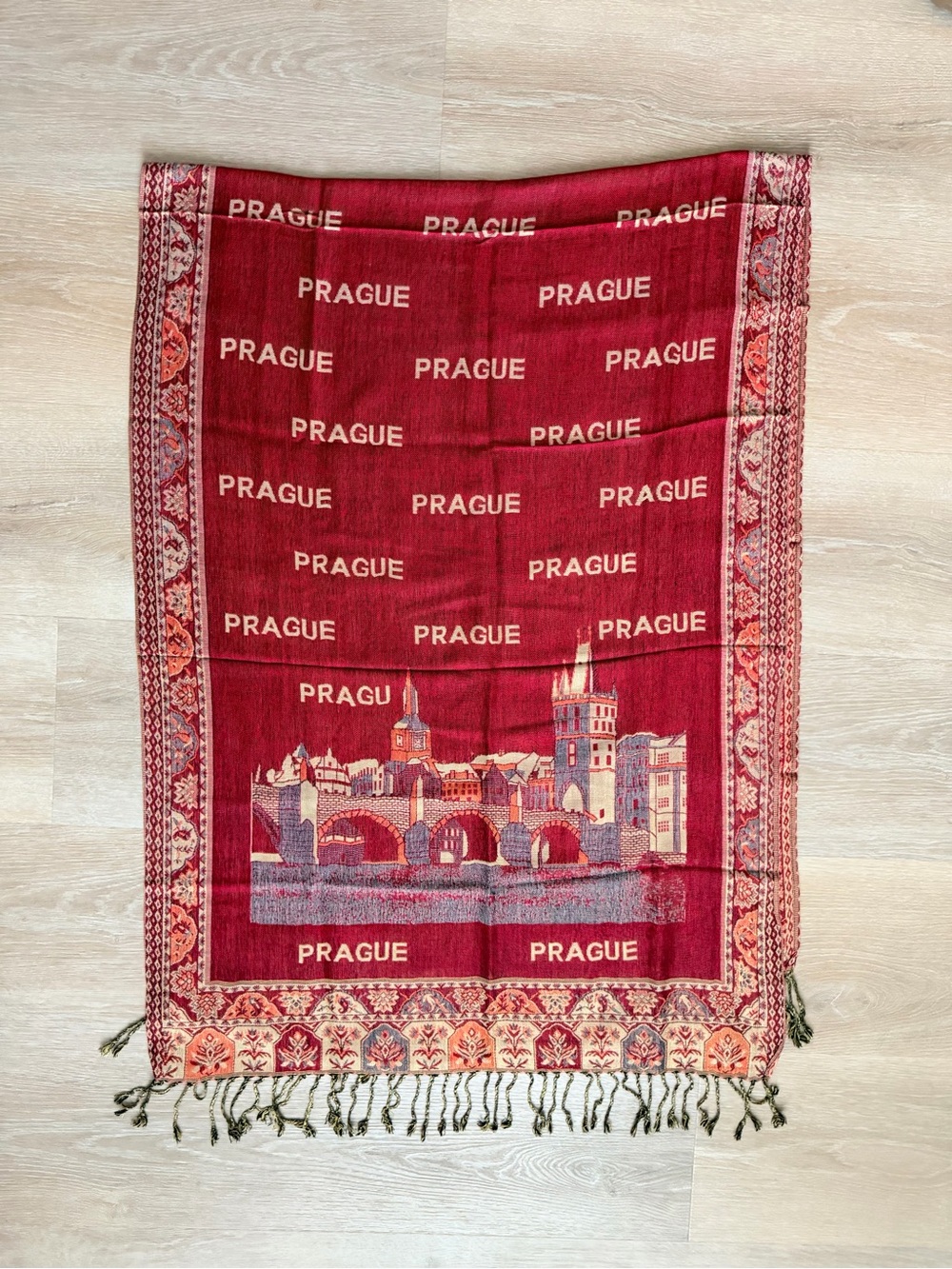 Vintage Cashmere Silk Blend Pashmina Scarf Prague Print Wrap 26x72 Large - Picture 4 of 8